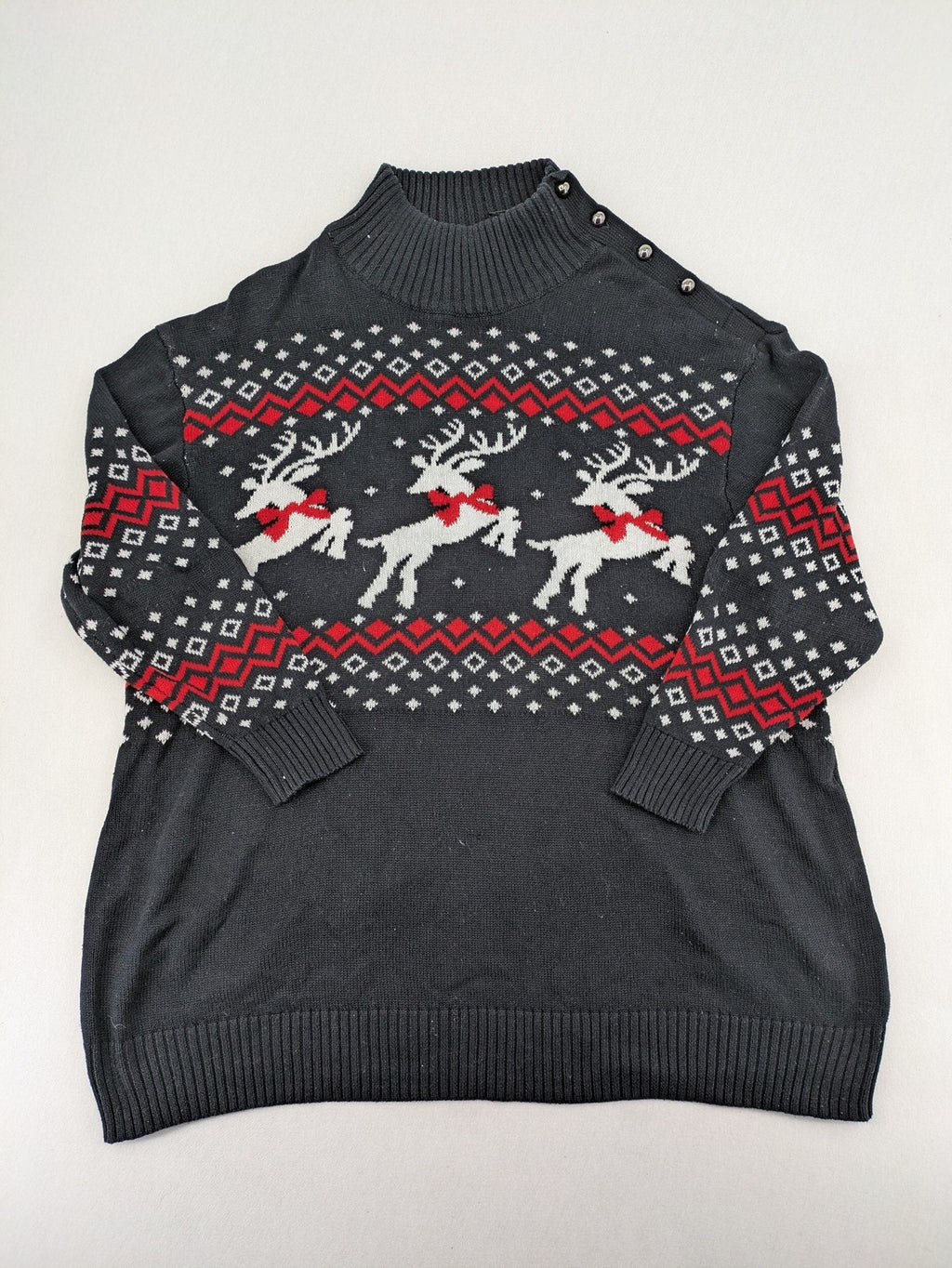 BPC Bonprix grey red white turtle neck jumper with reindeer Fair-Isle pattern and decorative buttons.