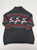BPC Bonprix grey red white turtle neck jumper with reindeer Fair-Isle pattern and decorative buttons.