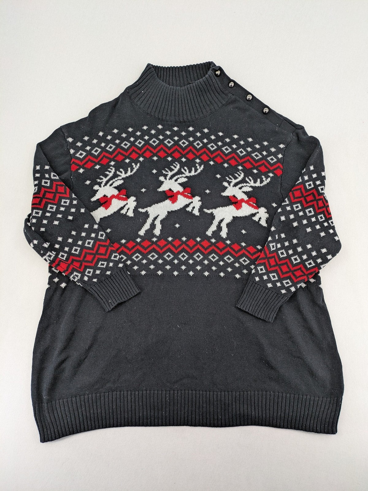 BPC Bonprix grey red white turtle neck jumper with reindeer Fair-Isle pattern and decorative buttons.