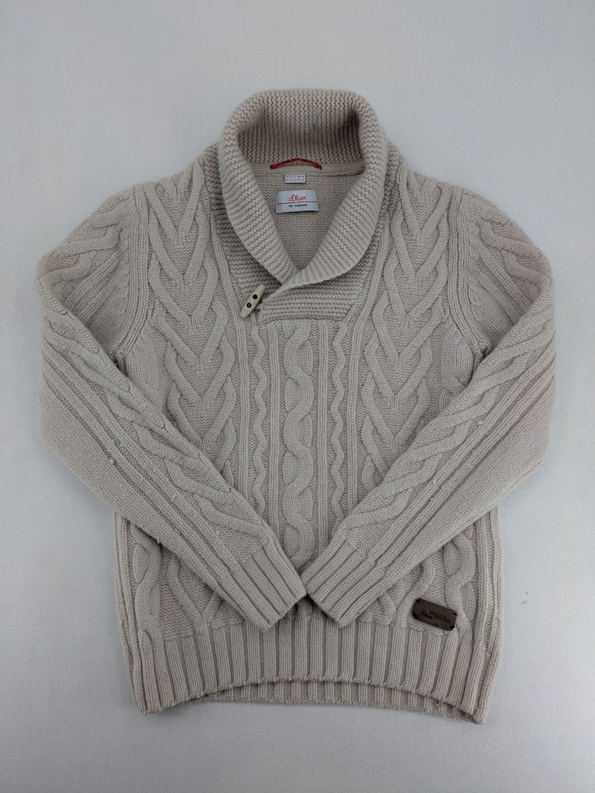 s.Oliver beige turtle neck jumper with cable knit pattern and toggle button detail