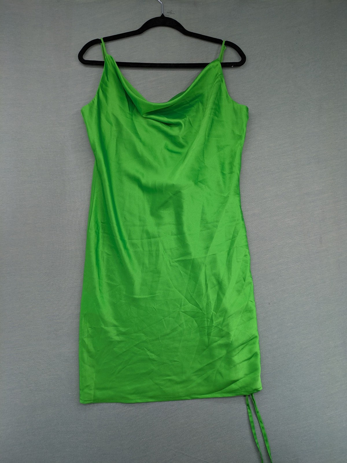 Amisu green satin slip dress with waterfall neckline and adjustable side ruching.