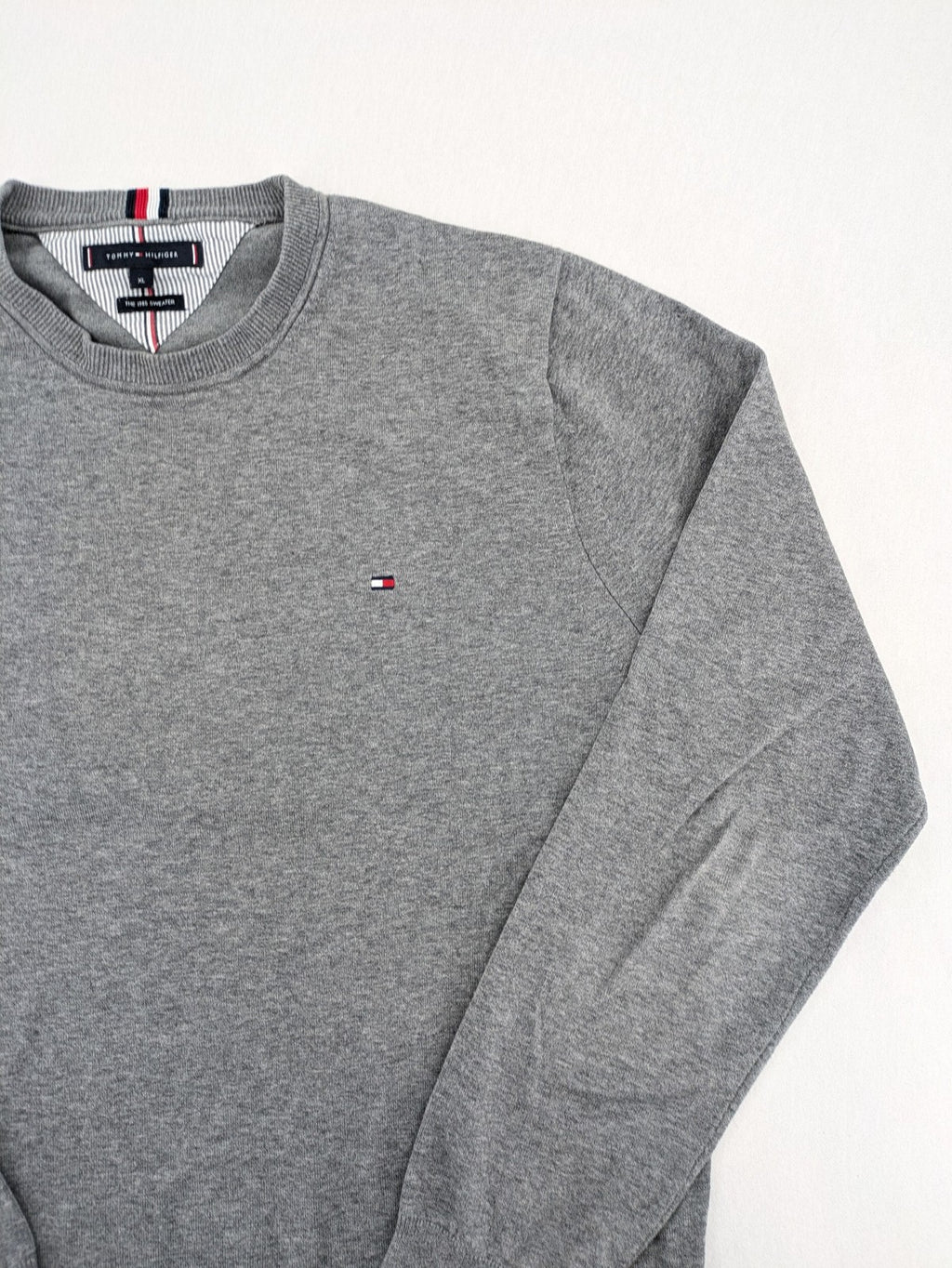 Tommy Hilfiger grey turtle neck jumper with embroidered flag logo, soft cotton blend.