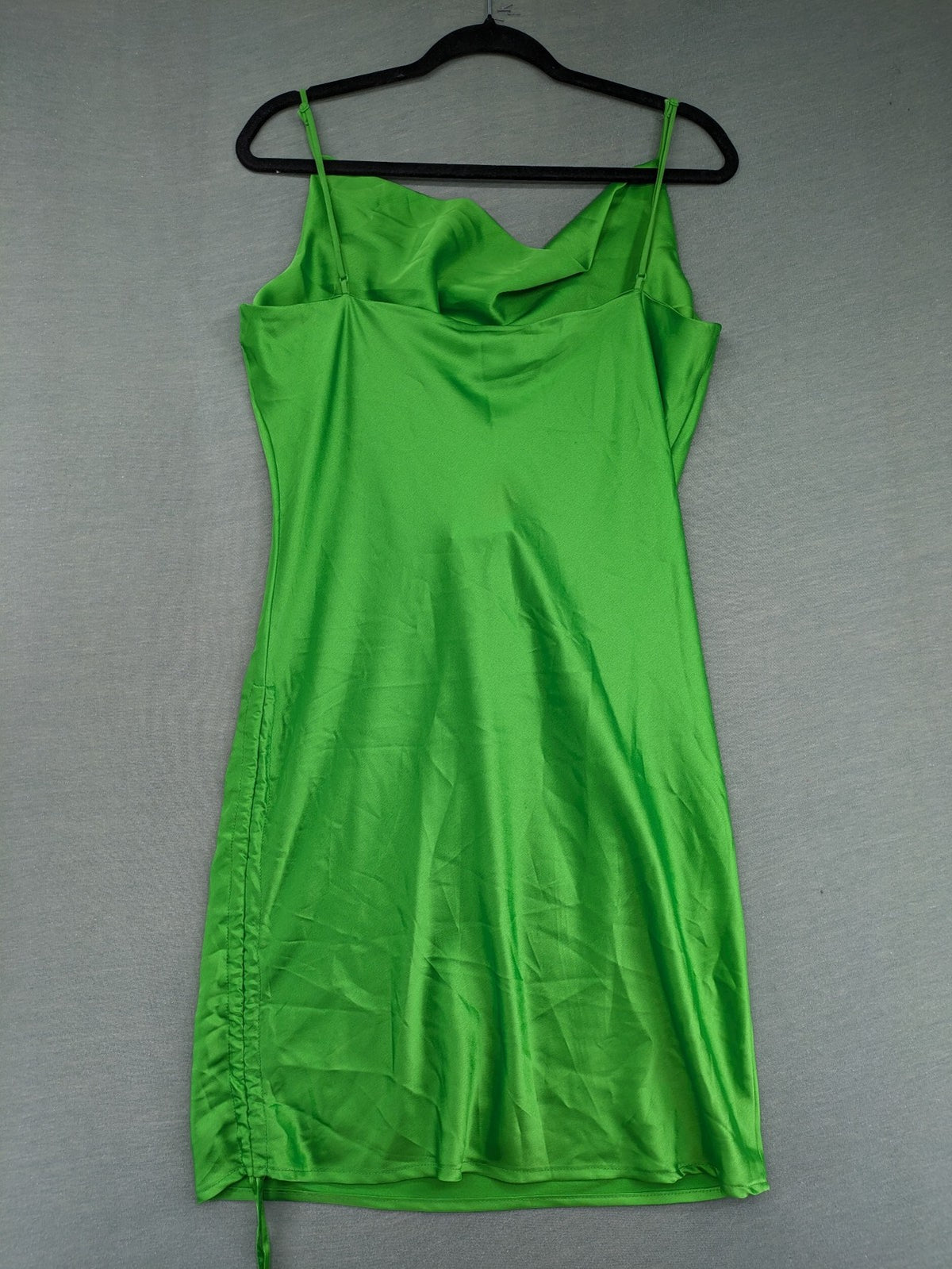 Amisu green satin slip dress with waterfall neckline and adjustable side ruching.