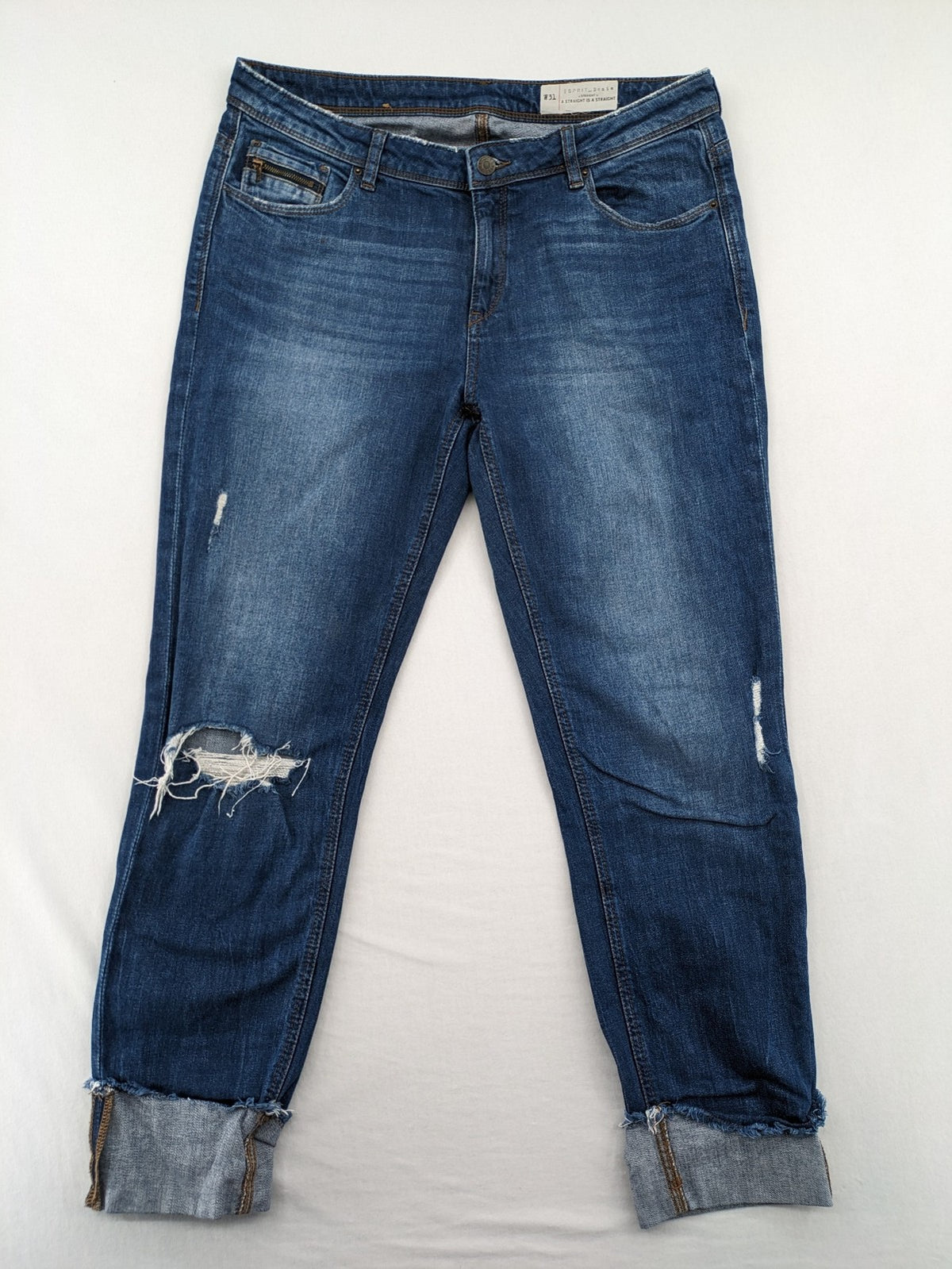 Esprit blue straight leg jeans with ripped knee details and rolled hem.