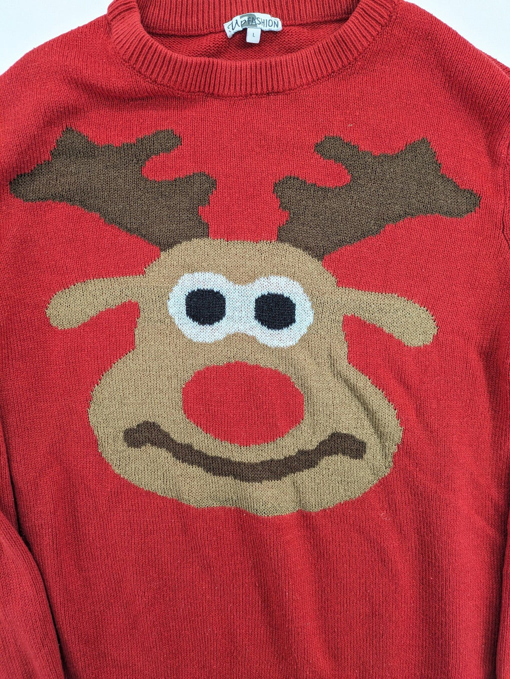 Up Fashion multi turtle neck jumper red with large knitted reindeer face design