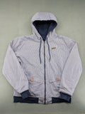 Djinns grey navy striped hoodie full zip with wooden button details and logo patches.