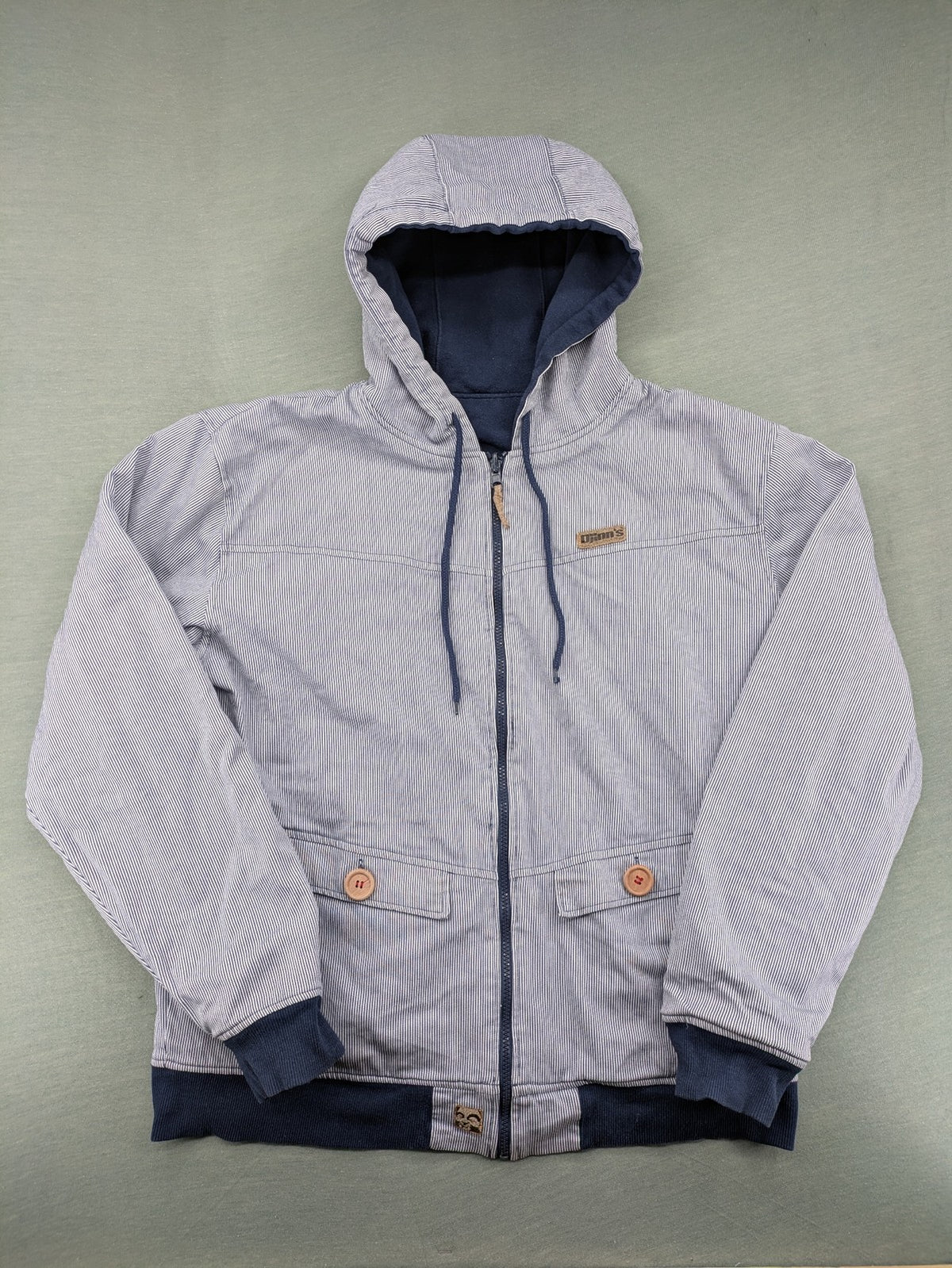 Djinns grey navy striped hoodie full zip with wooden button details and logo patches.