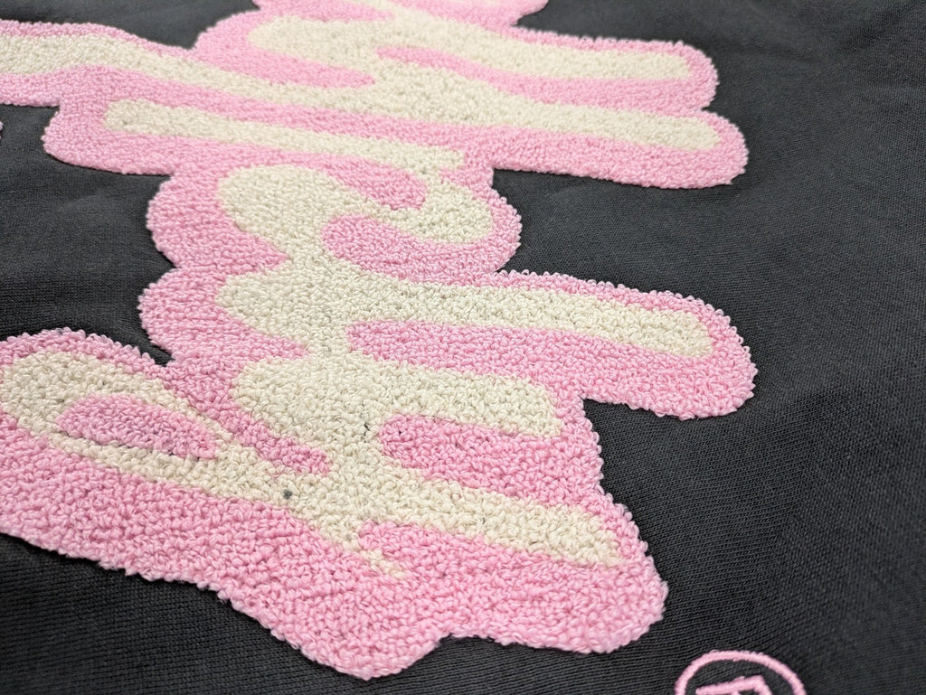 Multiply pink zip-through hoodie with large chenille logo backprint and front logo embroidery.
