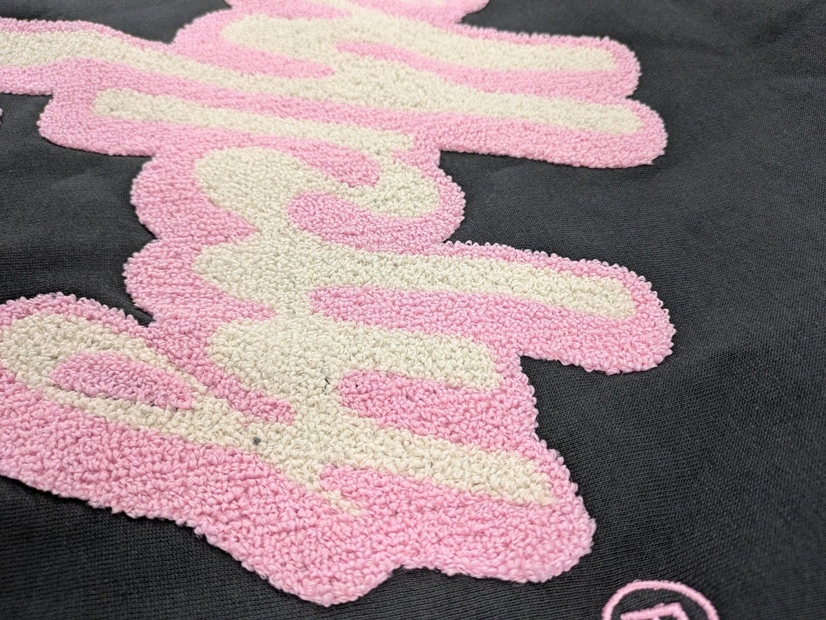 Multiply pink zip-through hoodie with large chenille logo backprint and front logo embroidery.