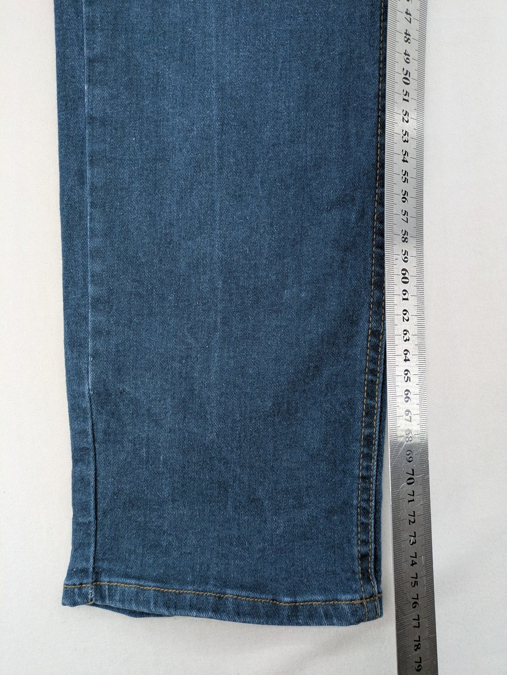 Denim & Co. blue straight fit jeans, classic 5-pocket design, button fly, cotton blend.