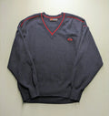 Il Granchio grey turtle neck jumper with red accents and embroidered crab logo.