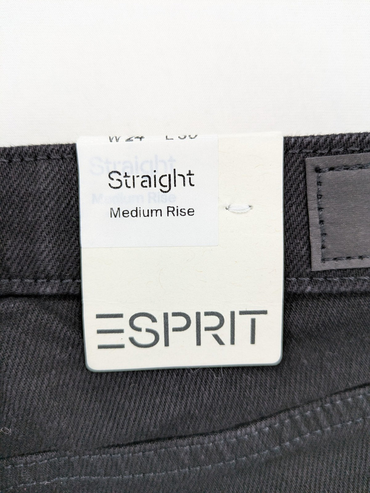 Esprit grey straight jeans with medium rise and original tags, classic denim style.