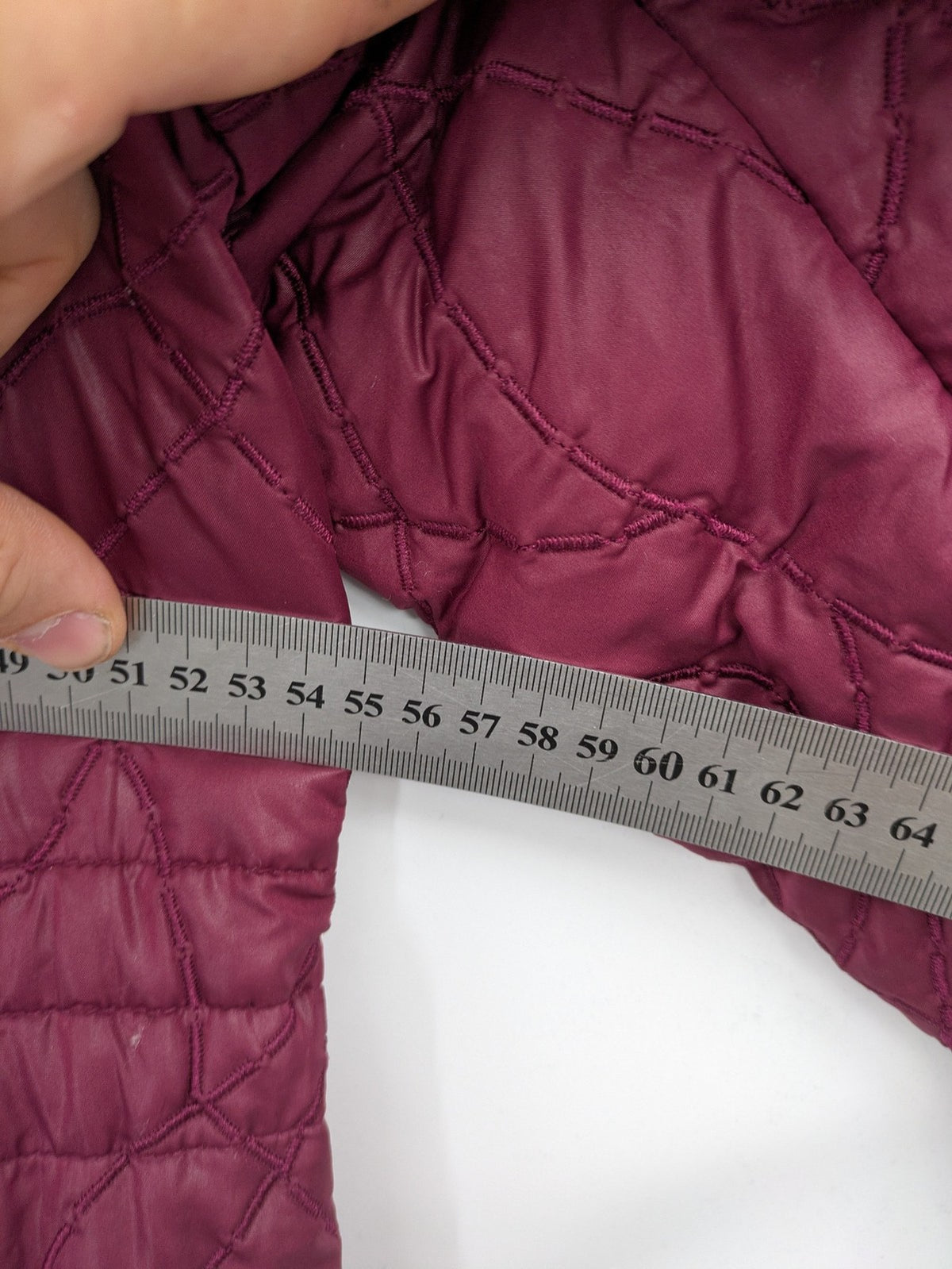 Laura Kent burgundy puffer coat with leopard print collar and cuffs, 100% polyester.