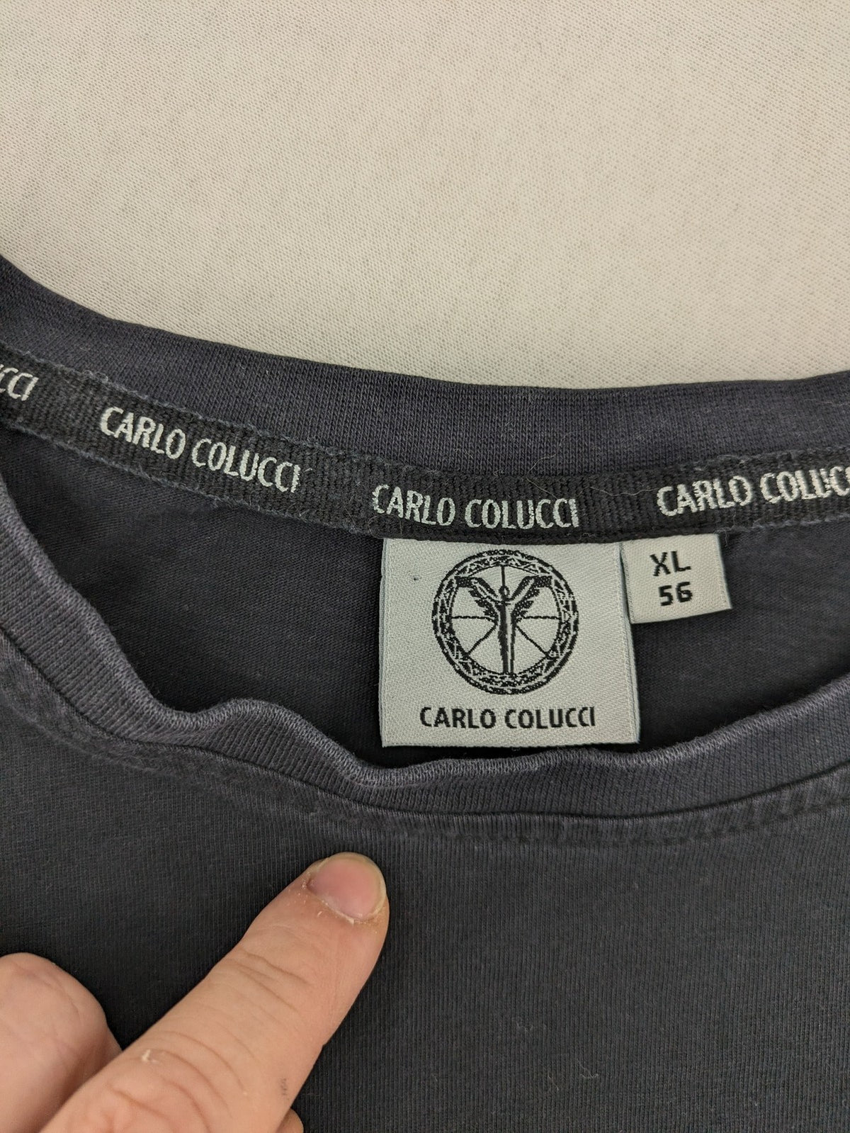 Carlo Colucci grey t-shirt with embroidered logo on chest and brand label details.