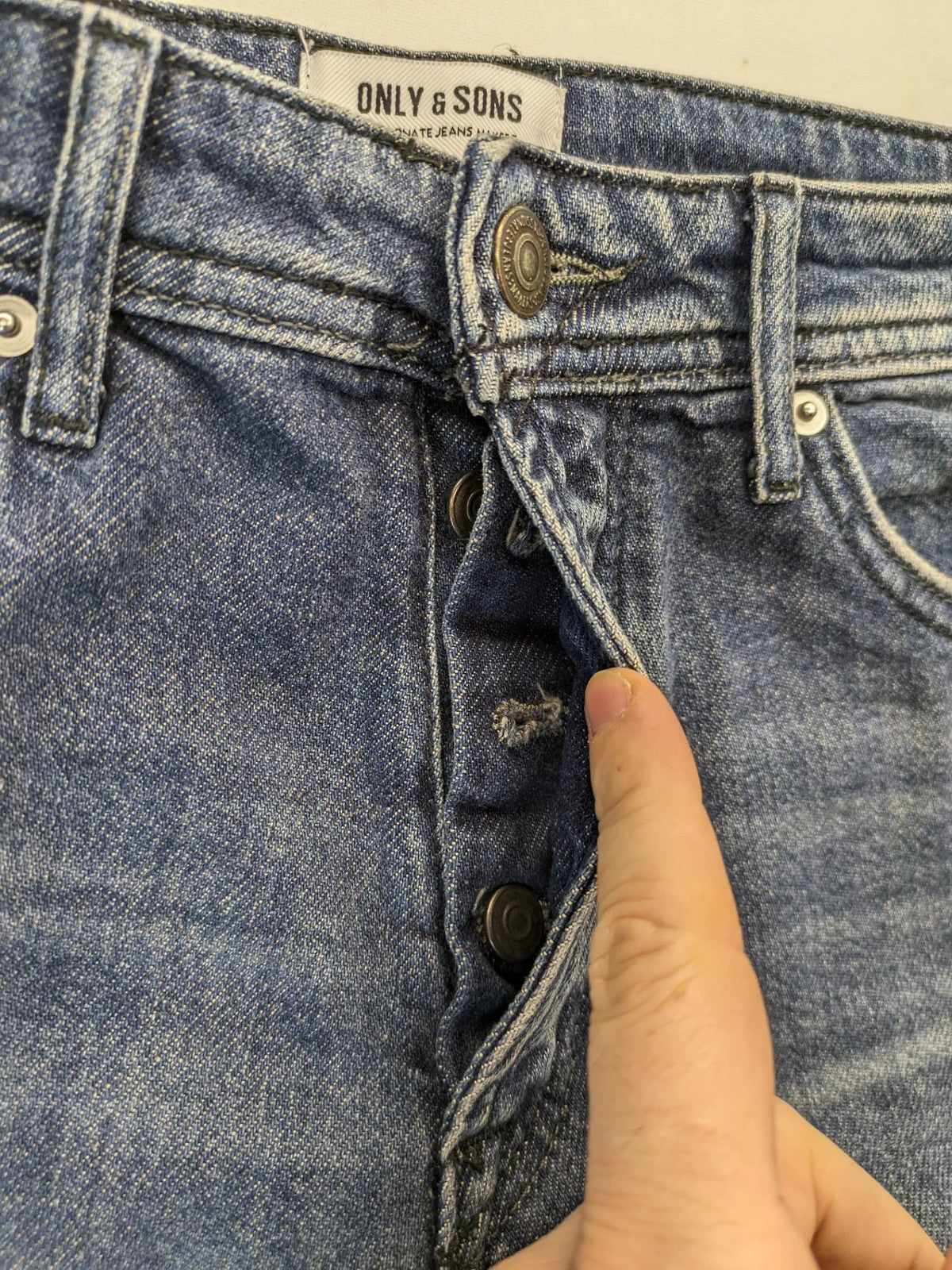 Only & Sons blue straight jeans with classic 5-pocket design and button fly.