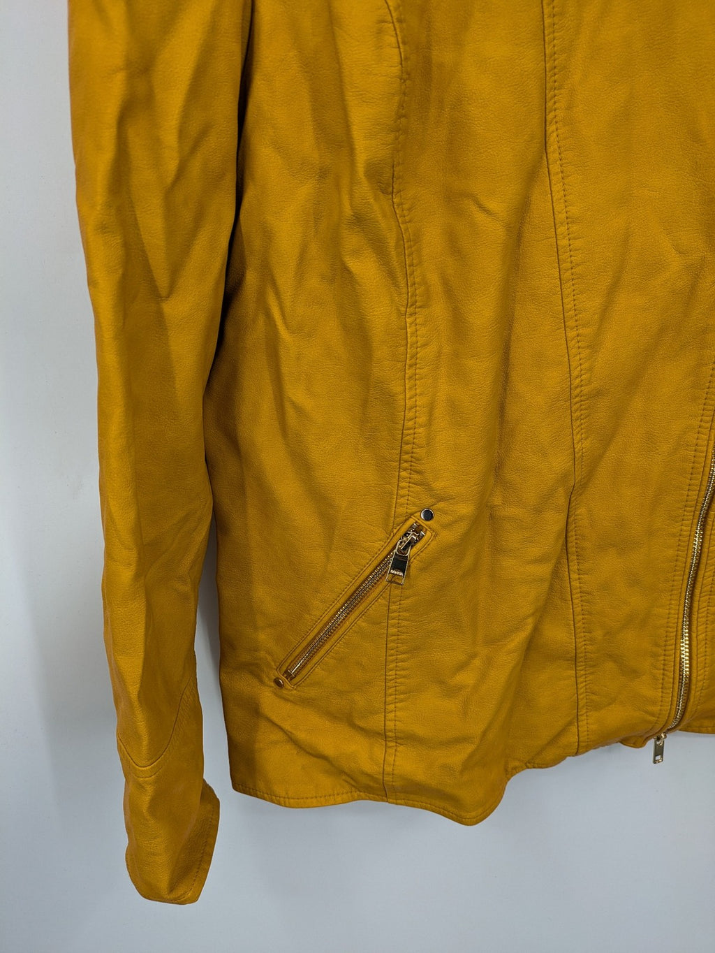 Moto yellow biker jacket asymmetrical zipper shoulder detailing soft faux leather