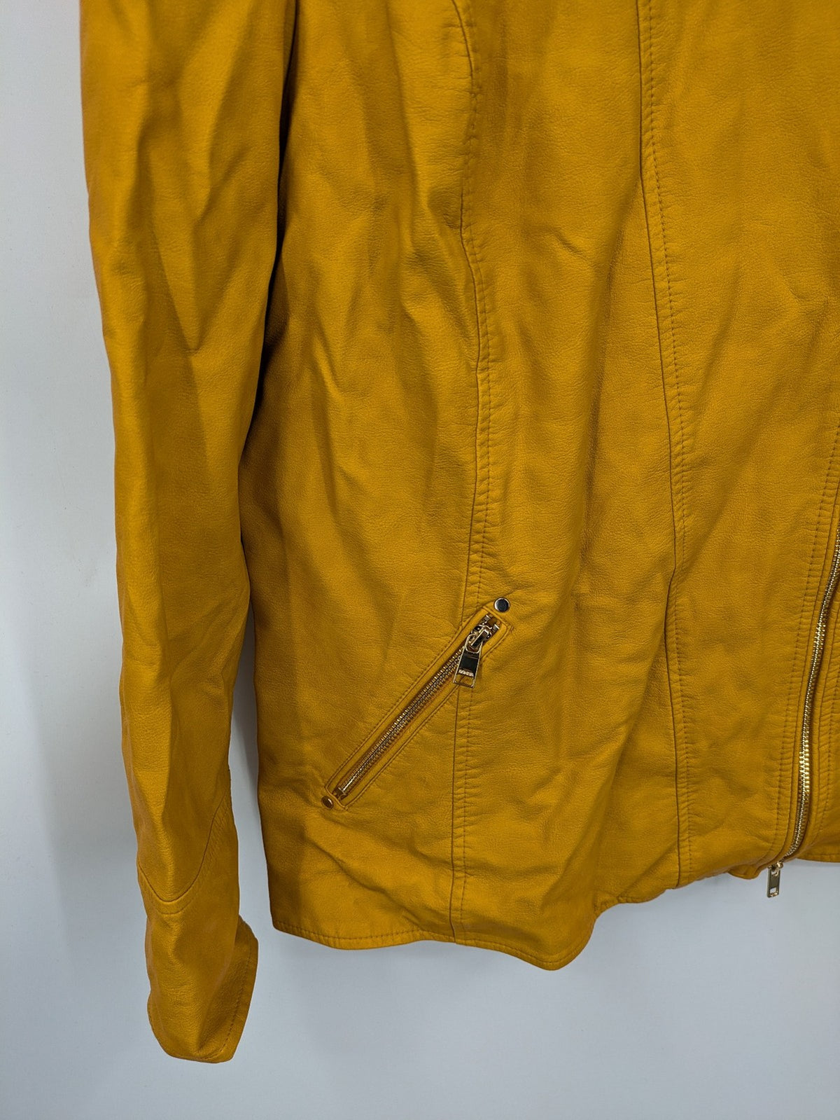 Moto yellow biker jacket asymmetrical zipper shoulder detailing soft faux leather