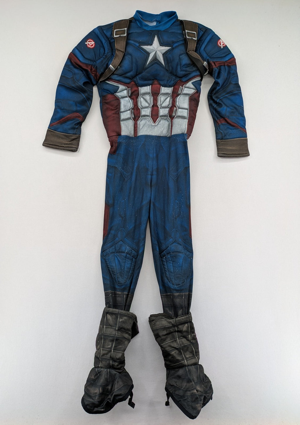 Captain America costume multi-coloured with padded muscle chest and shoulder details.