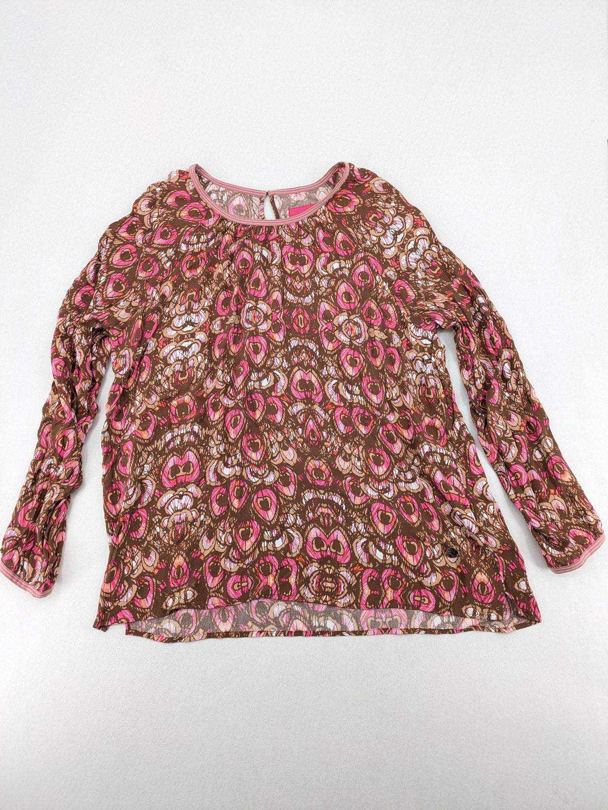 Lieblingsstück brown and pink patterned blouse, lightweight viscose, round neckline, long sleeves.