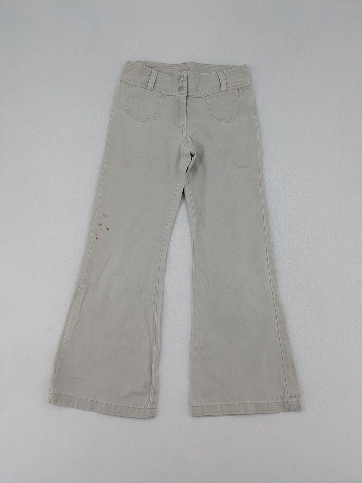 H&M L.O.G.G beige bootcut pants with double button closure and stretch cotton material.