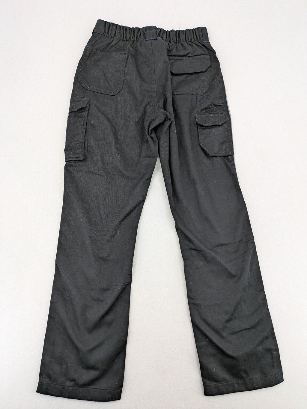 Powerfix Profi blue cargo pants with reflective stripes and side pockets, durable polyester-cotton blend.