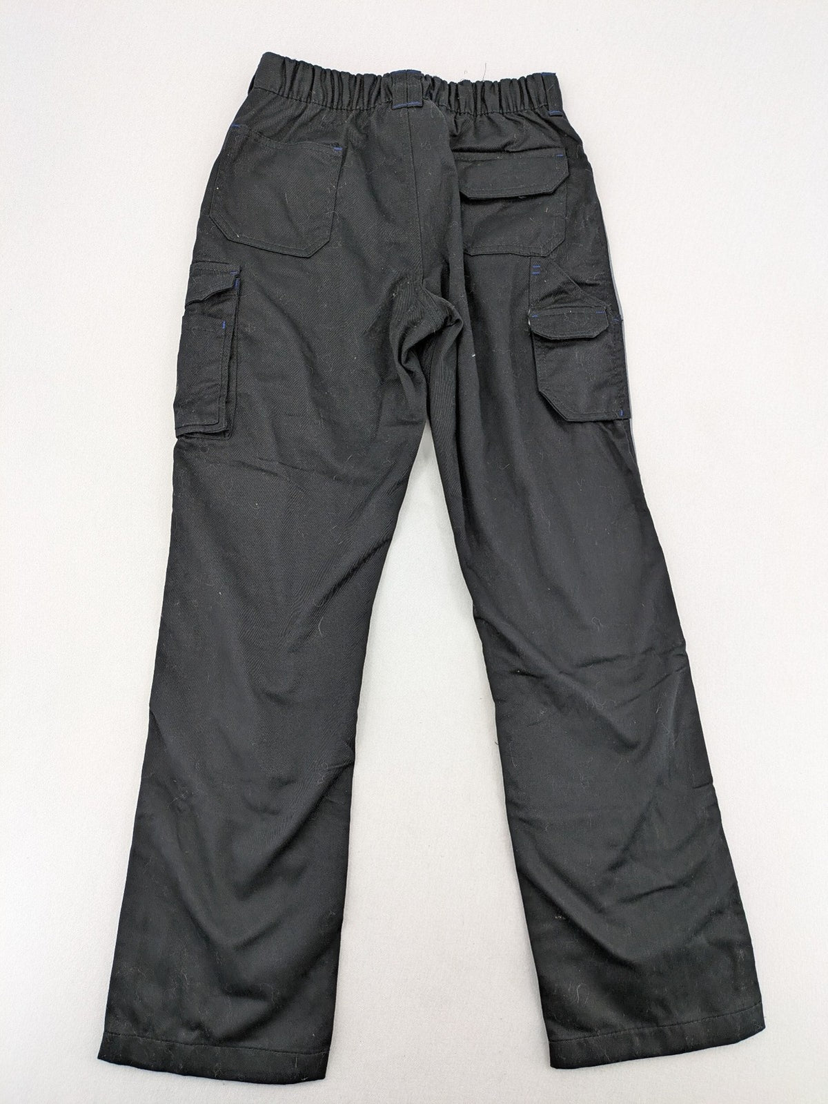 Powerfix Profi blue cargo pants with reflective stripes and side pockets, durable polyester-cotton blend.