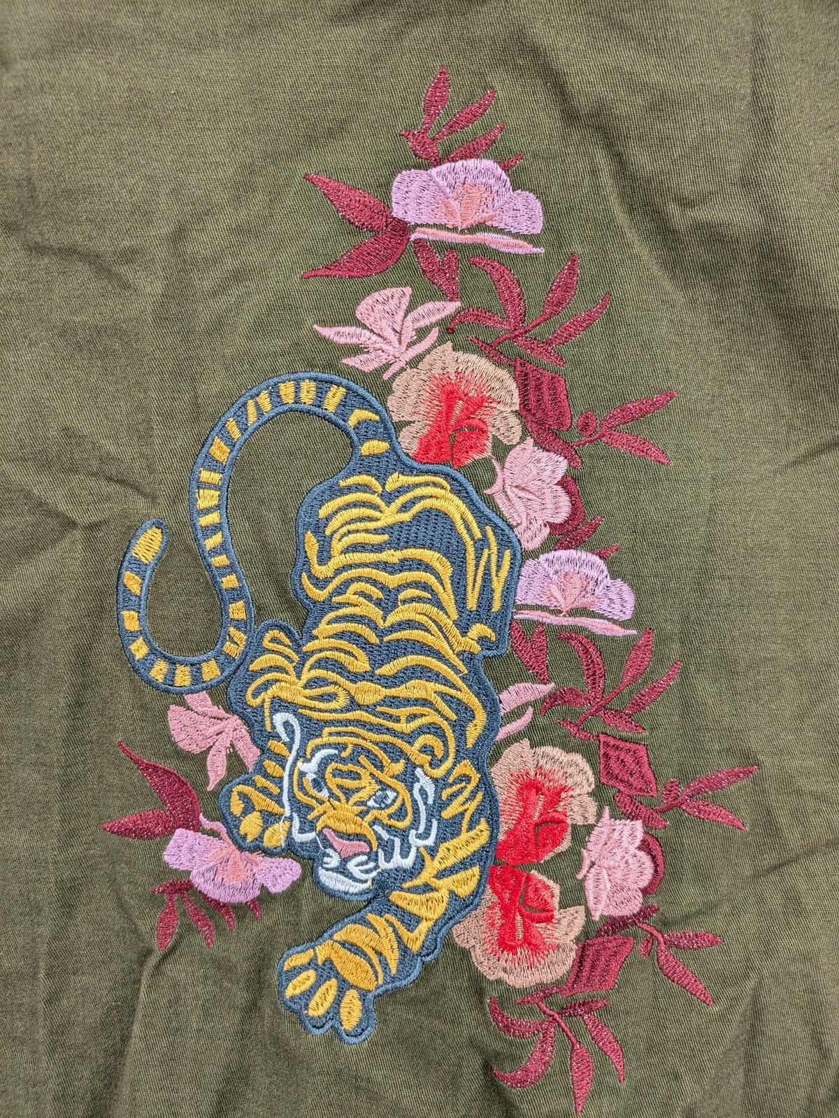 MyHailys green military jacket cotton with embroidered tiger and floral details.
