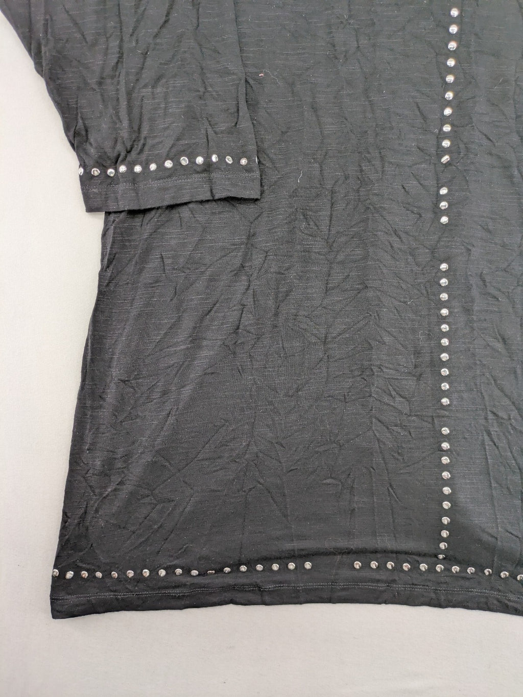 Ulla Popken grey tunic top with silver stud embellishments and 3/4 sleeves.