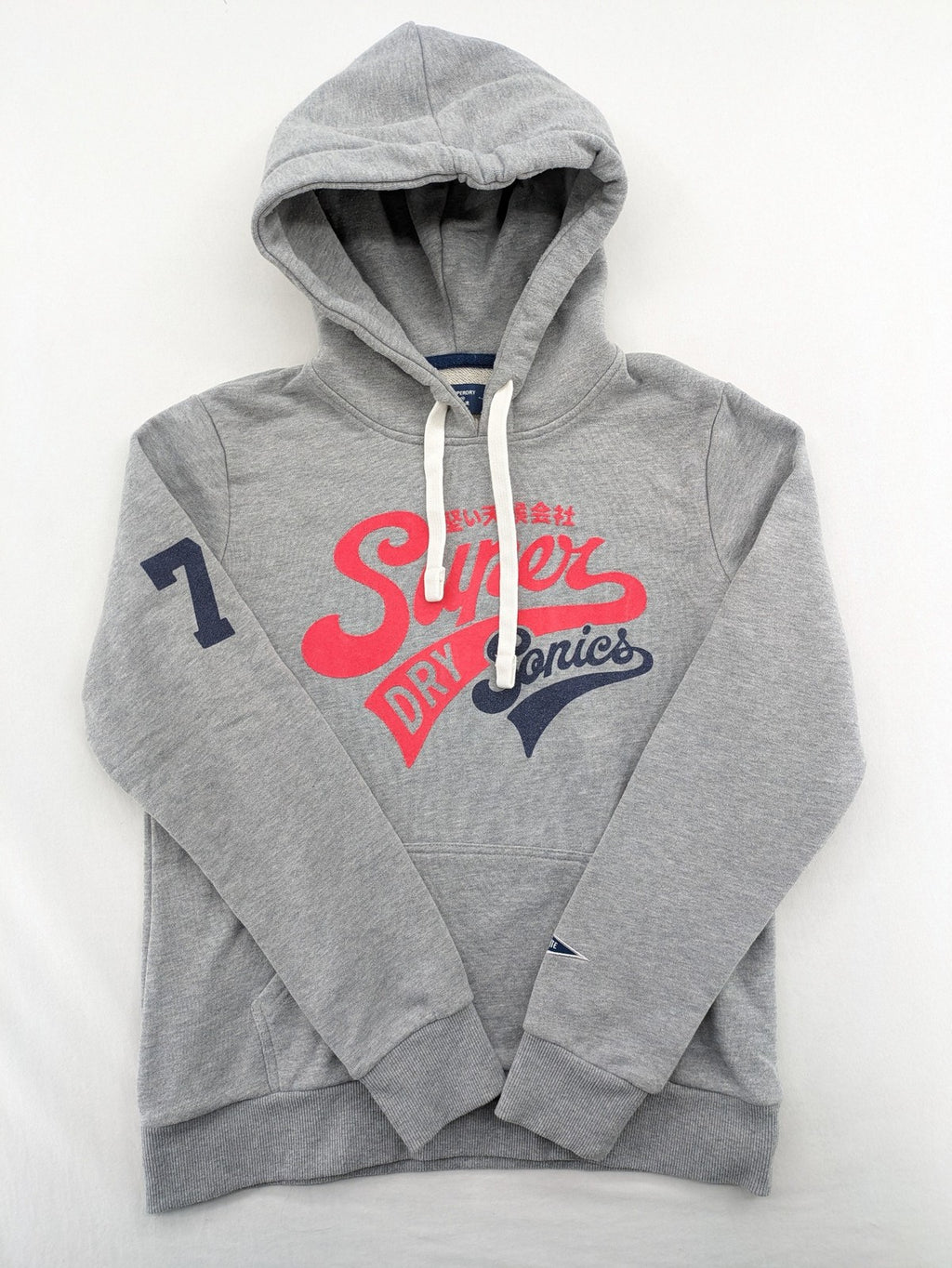 Superdry grey hoodie with Sonics logo, number 7 detail, kangaroo pocket, and drawstring hood.