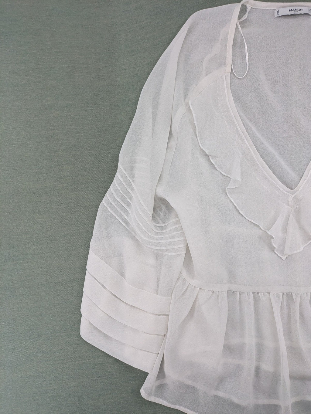 Mango Suit transparent blouse white ruffled V-neck flared sleeves elegant design