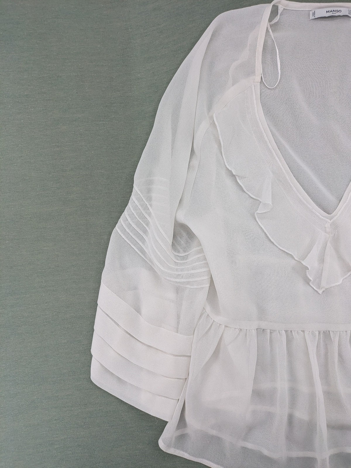 Mango Suit transparent blouse white ruffled V-neck flared sleeves elegant design