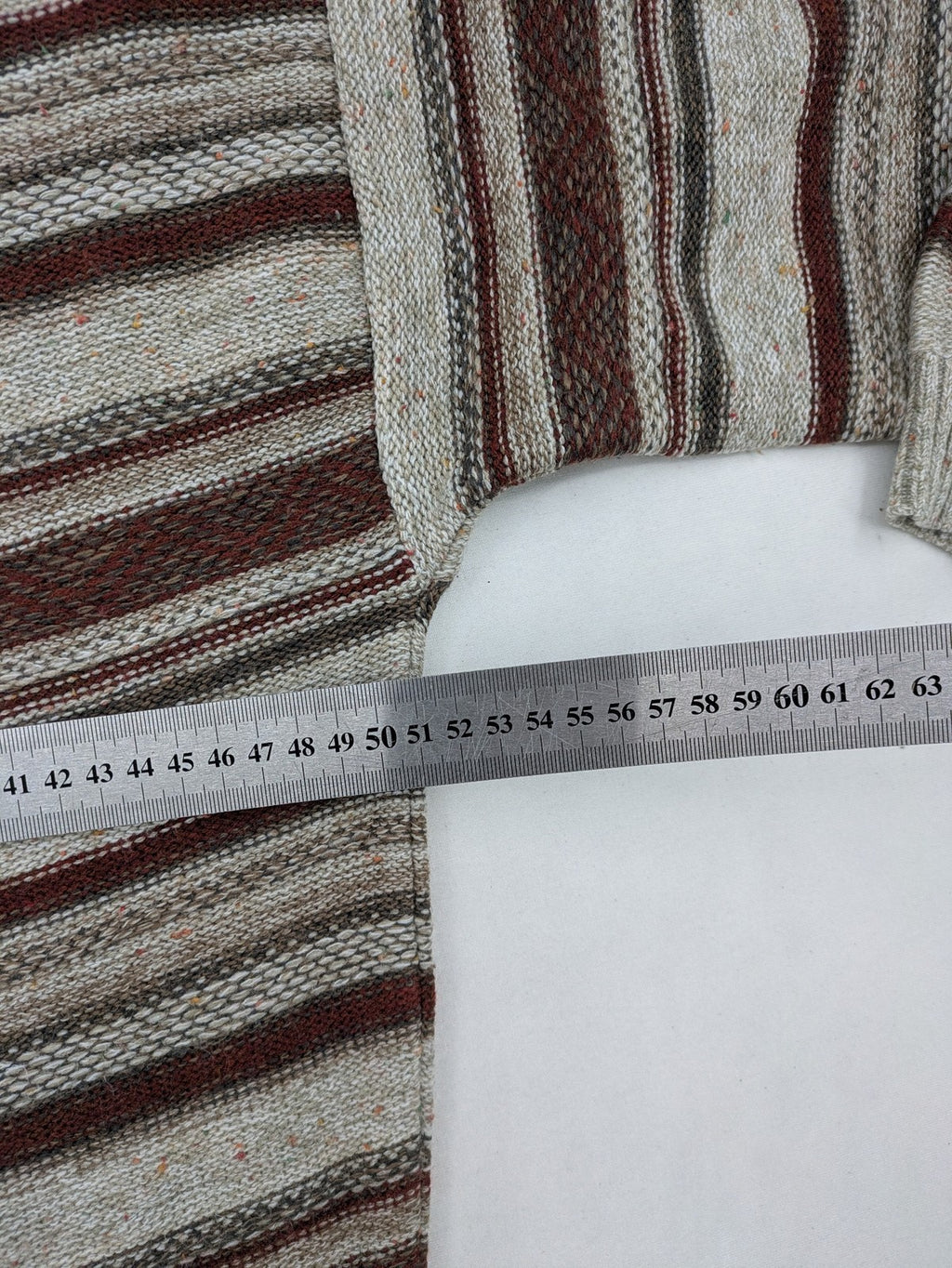 MC Casuals multi turtle neck jumper vintage striped pattern in brown and grey acrylic.