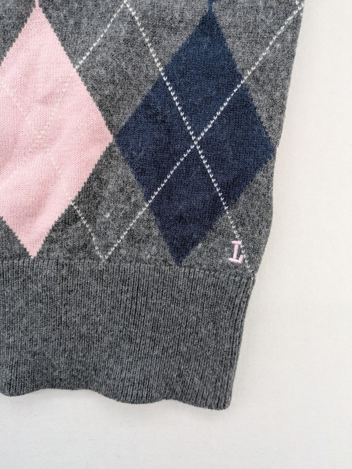 L.O.G.G. pink turtle neck jumper argyle pattern in grey, pink, and navy wool blend.
