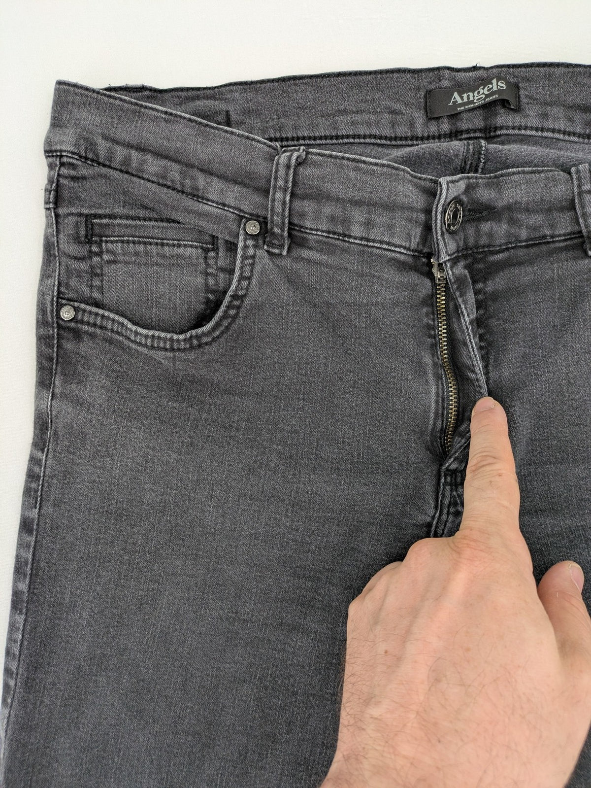 Angels grey straight jeans with 5-pocket design and faded black wash.
