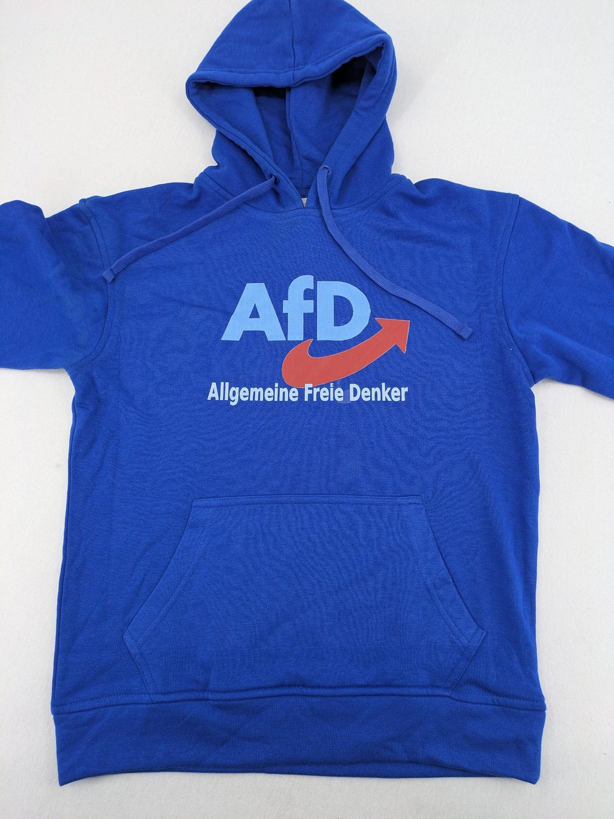 AFD blue hoodie with "AfD Allgemeine Freie Denker" print, kangaroo pocket, drawstring hood.