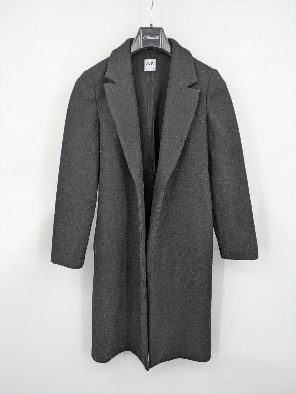 Zara black long coat open front sharp lapel classic design size S