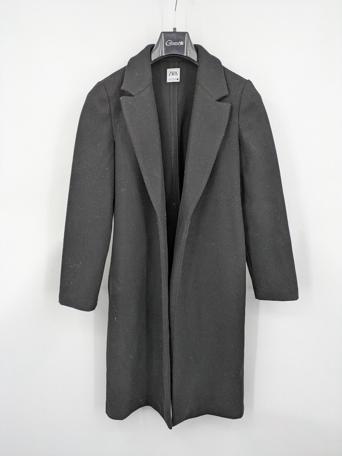Zara black long coat open front sharp lapel classic design size S