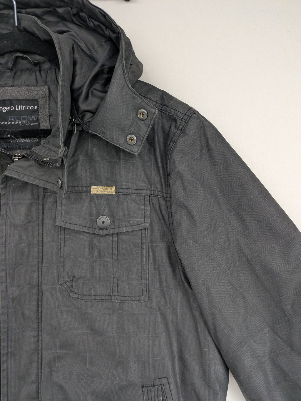 Angelo Litrico grey pilot jacket with removable hood, zip closure, and multiple pockets.
