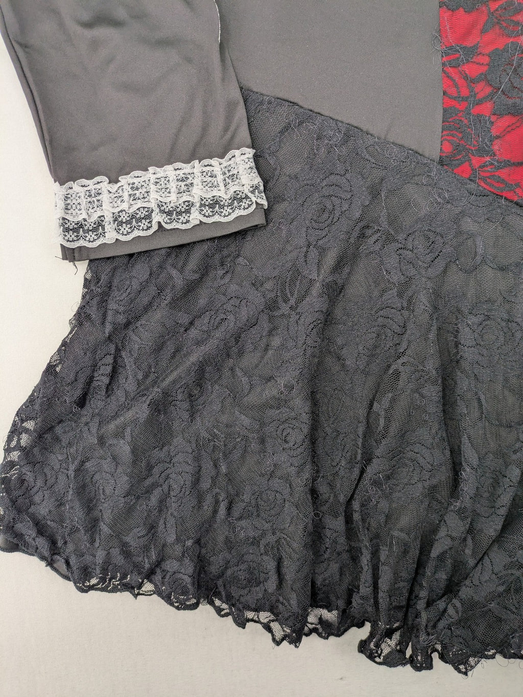 Rose Gal pink gothic dress with black lace trim and white lace cuffs, square cut.