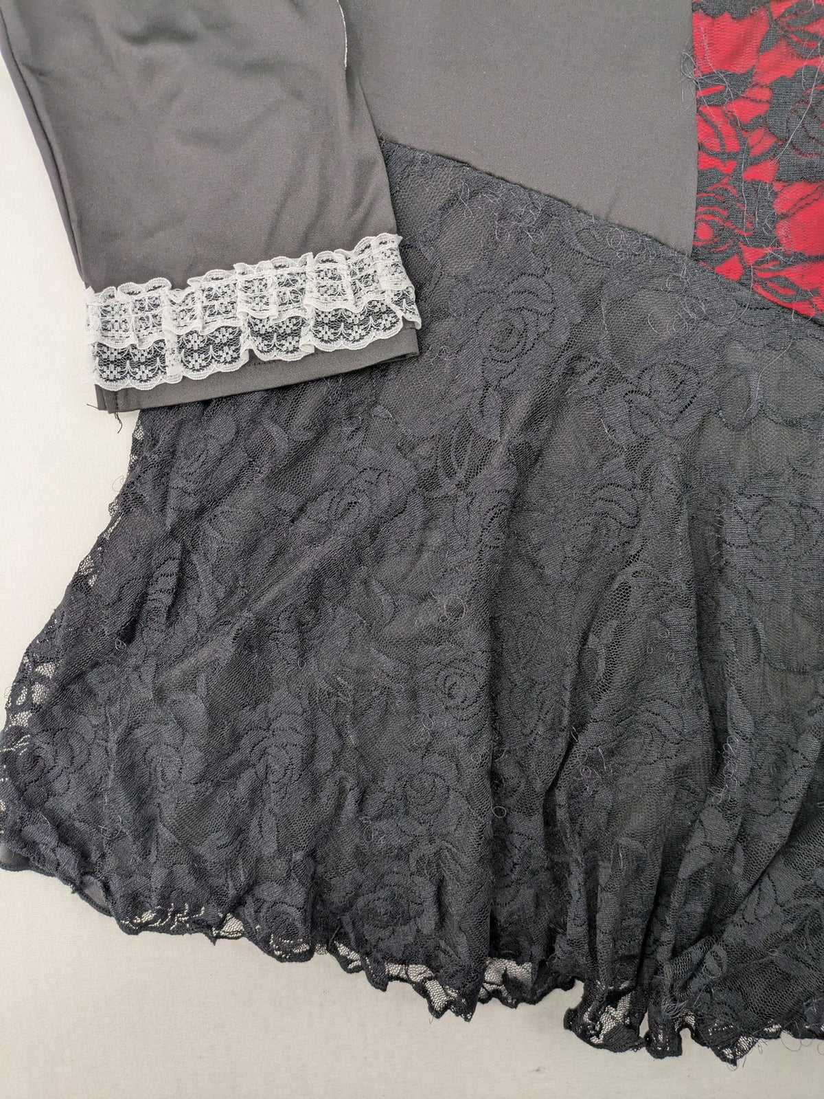 Rose Gal pink gothic dress with black lace trim and white lace cuffs, square cut.