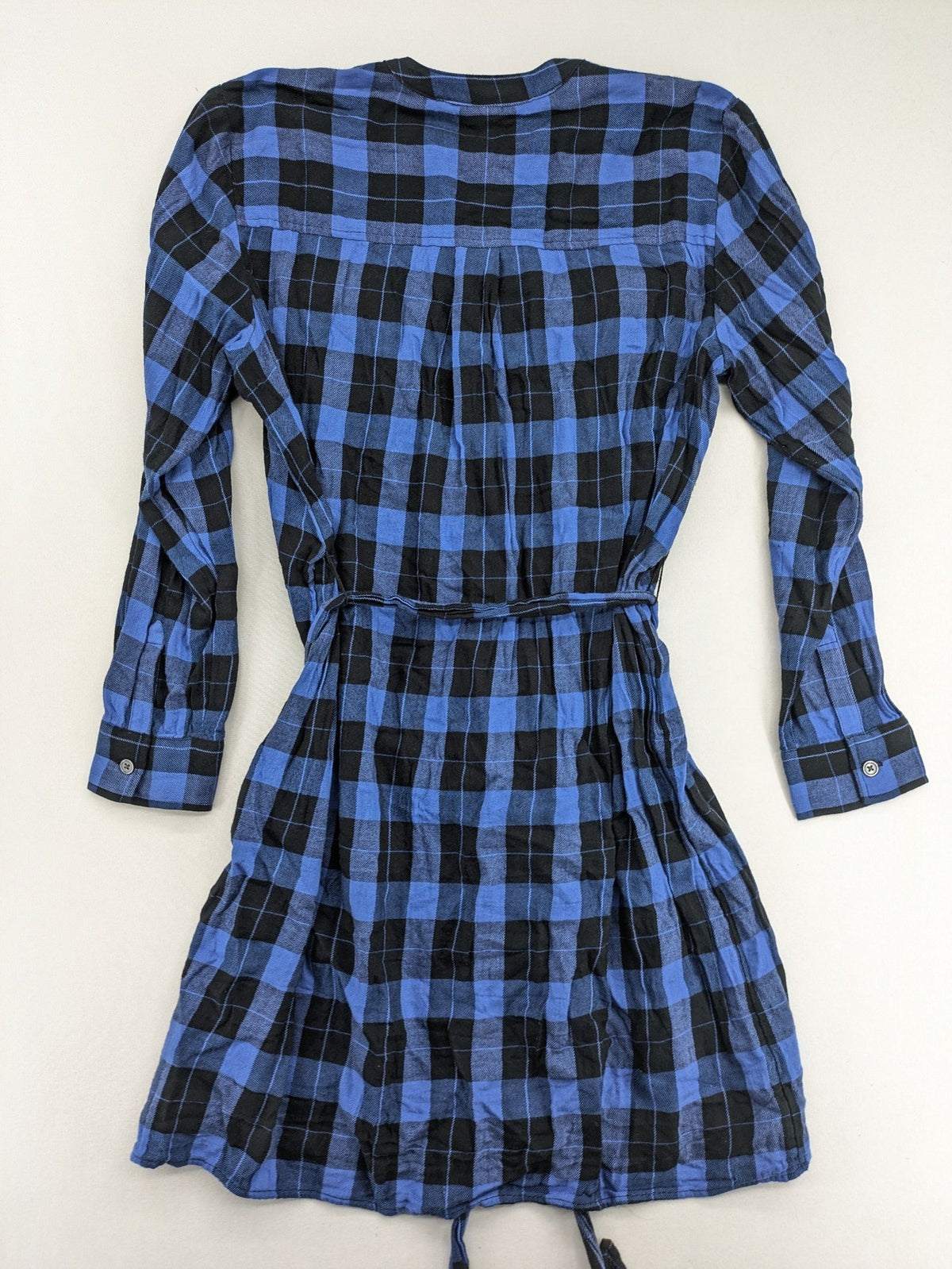 Gap blue and black checkered shirt dress with button placket and removable belt.