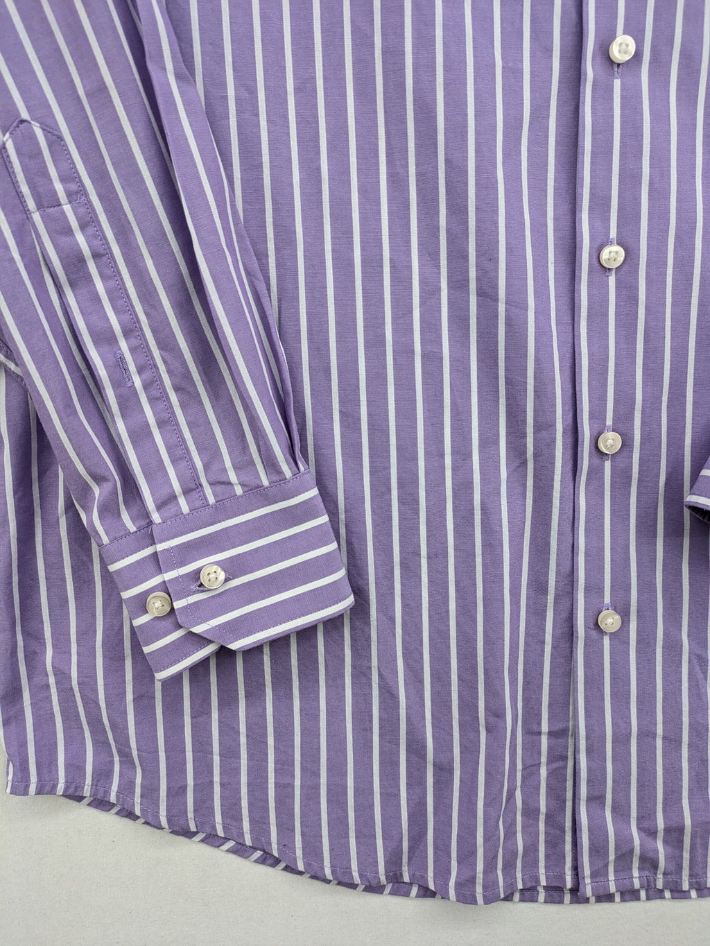 C.Comberti pink button-up shirt with vertical purple and white stripes, easy-care fabric.