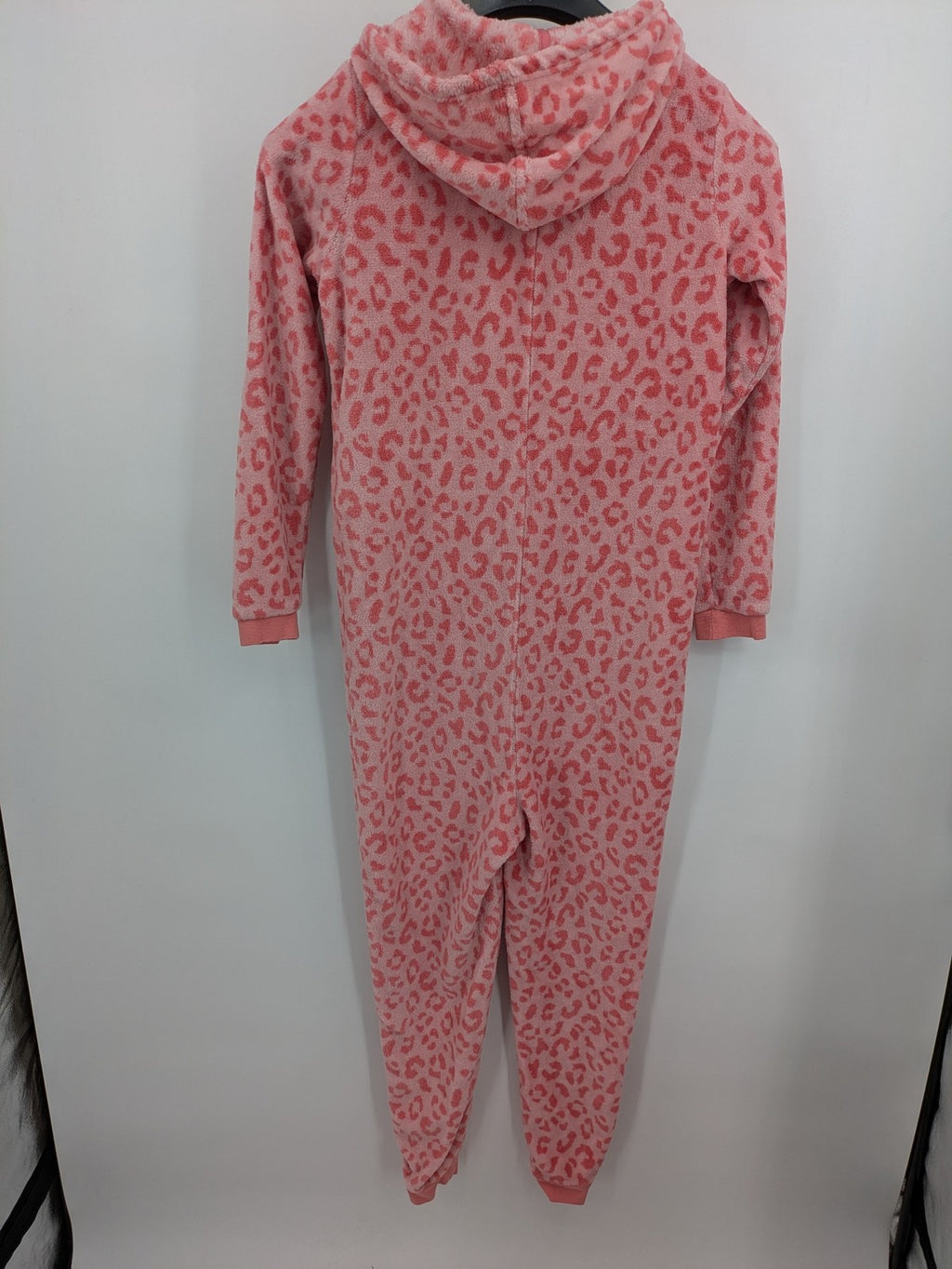 ESMARA pink fleece overalls with playful leopard pattern and hooded design.