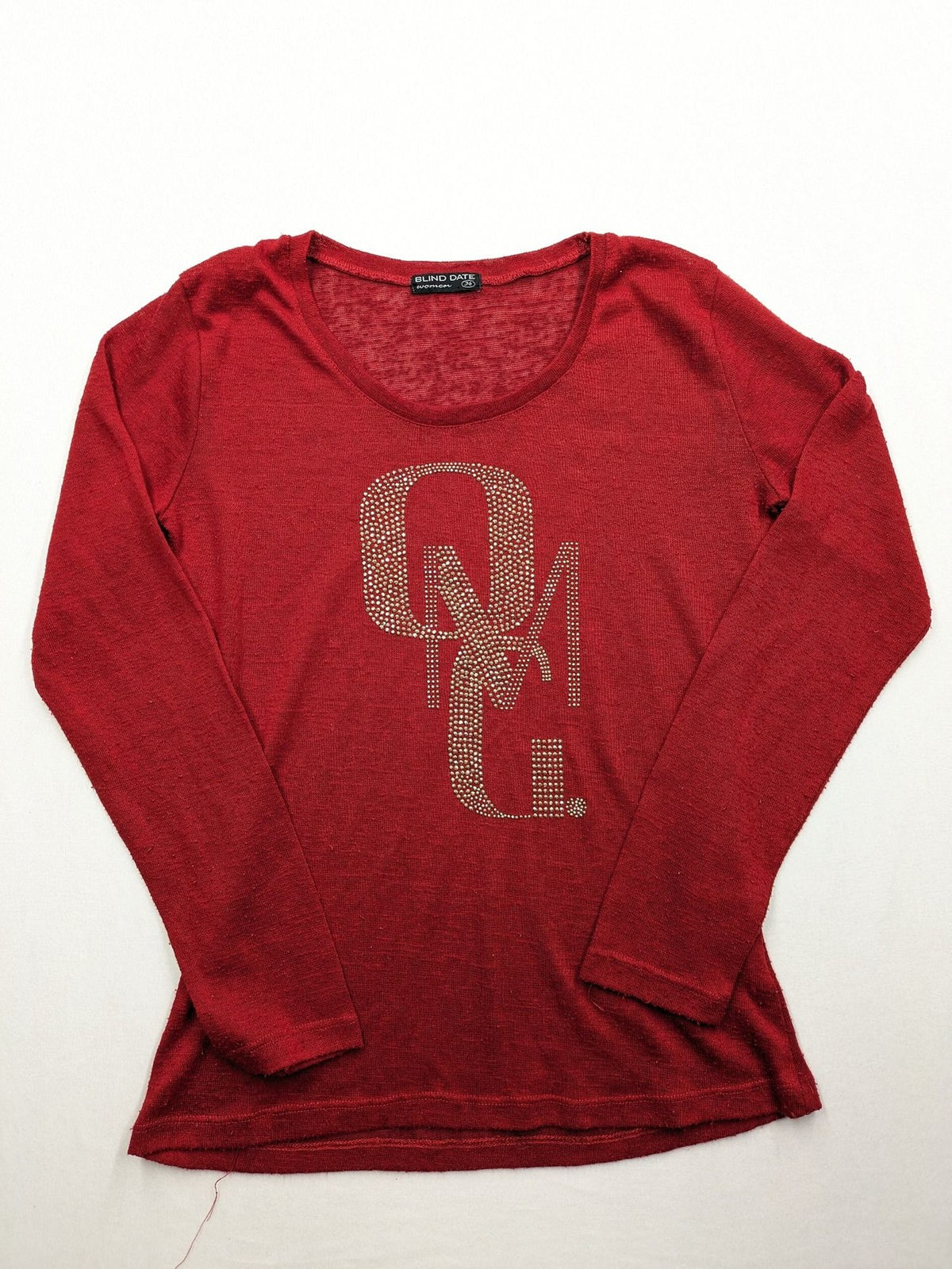 BLIND DATE cream red long sleeve top with sparkling OMG rhinestone design and classic round neckline.