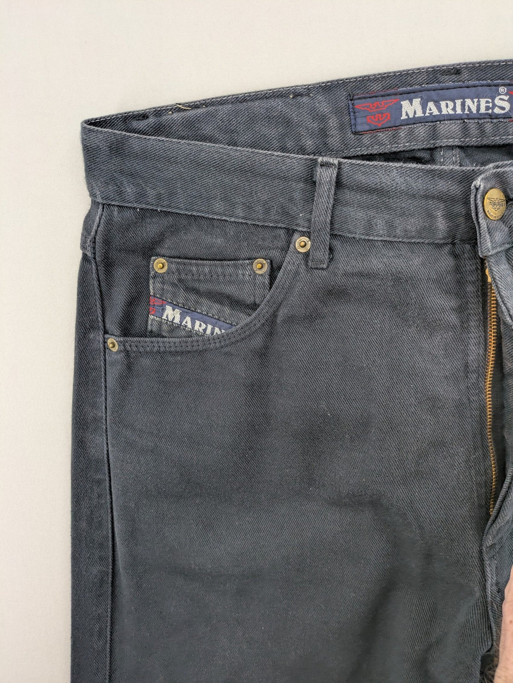 Marines blue straight jeans regular fit with button fly and logo patch detail.