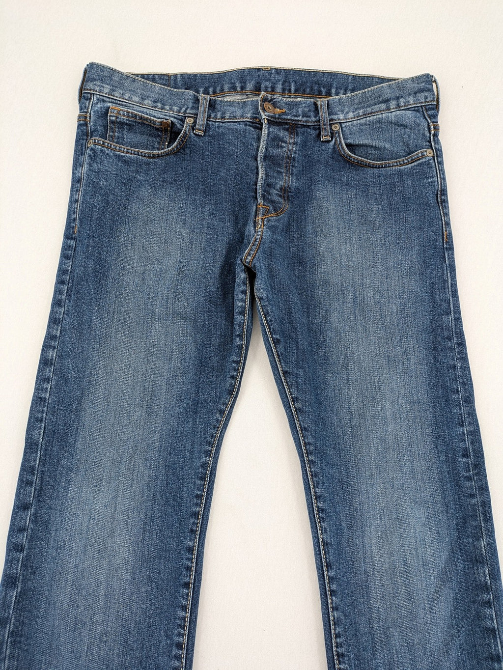 H&M blue slim fit jeans low waist 5-pocket style button fly stretch denim