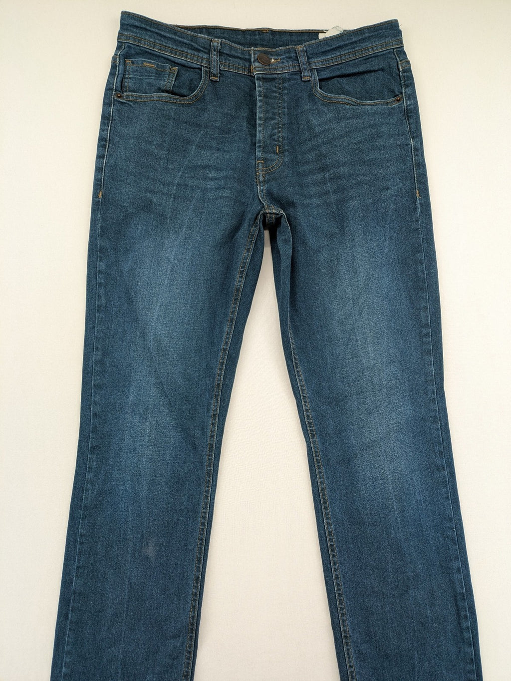 Denim & Co. blue straight fit jeans, classic 5-pocket design, button fly, cotton blend.