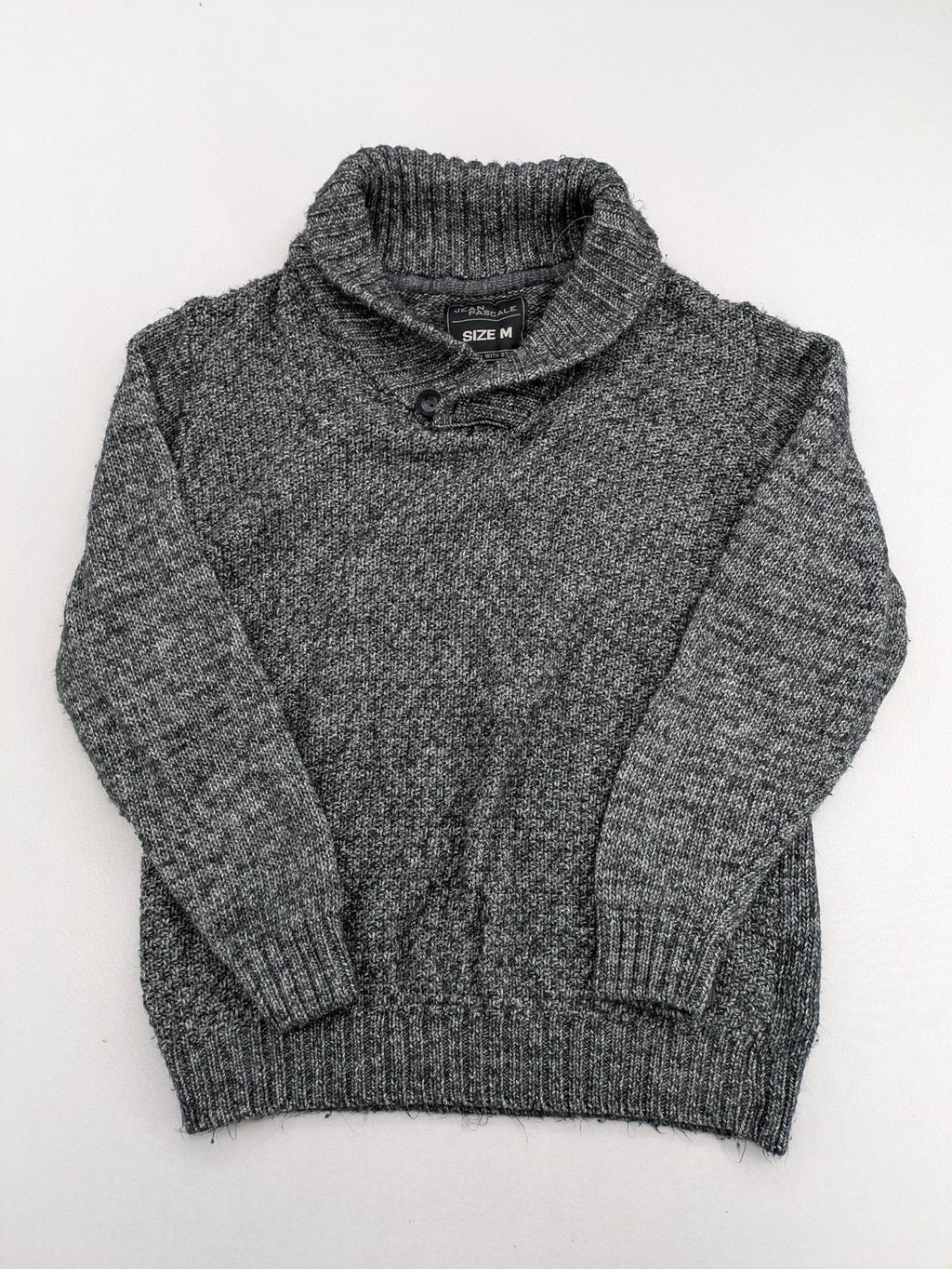 Jean Pascale grey turtle neck jumper with shawl collar and ribbed details.