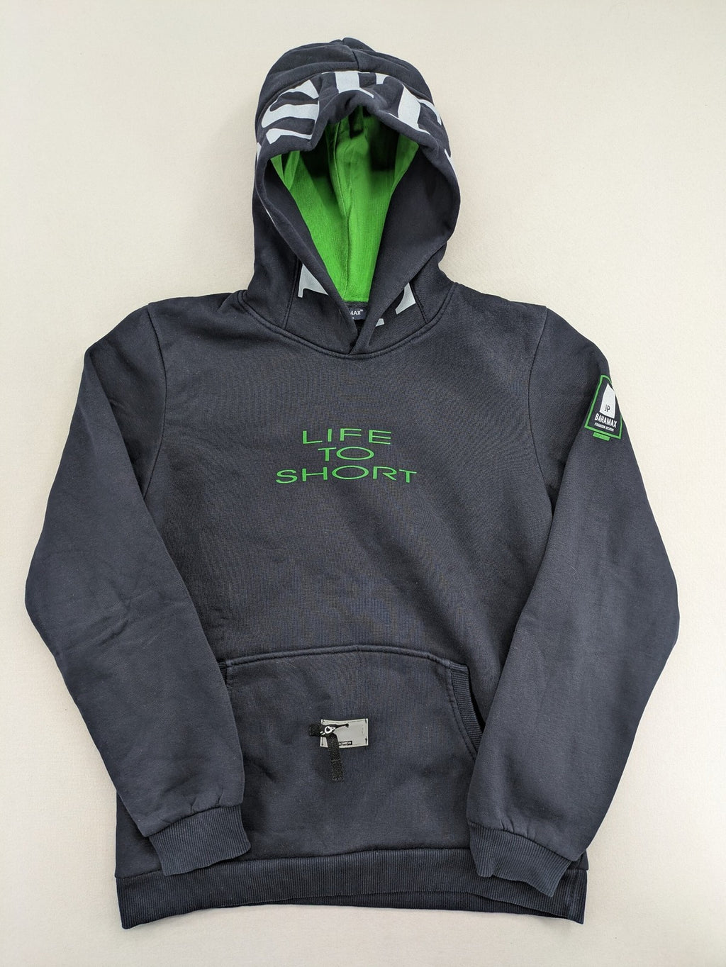 Bahamax zip-through hoodie grey with green hood, "Life To Short" print, and unique sleeve embroidery.