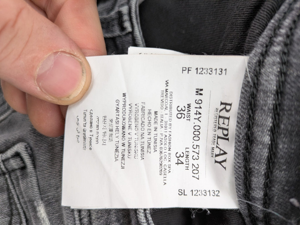 Replay grey straight jeans faded wash five-pocket style with logo on pocket.